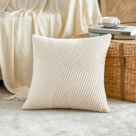 FDTERN Set of 2 Beige Boho Decorative Cushion Covers 45 x 45 cm with Diagonal Striped Pattern Soft Corduroy Cushion Cover Sofa Cushion Decorative Cushion Decoration for Sofa Bedroom Living Room