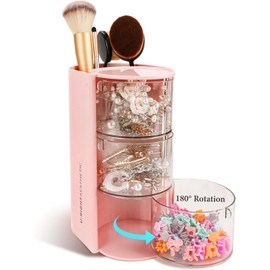 Organizador de accesorios para el cabello transparente de 3 niveles con soporte para cepillos de pelo, cajón giratorio, soporte de esponja de maquillaje, estuche organizador de computadora