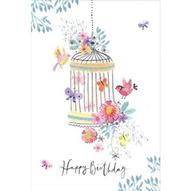 Pictura Pastel Birds and Flowers Surrounding Hanging Silver Foil Birdcage Feminine Birthday Card for Her, Woman