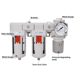 NANPU 3/8" NPT Air Drying System - Double Air Filters, Air Pressure Regulator Combo - Semi-Auto Drain, Poly Bowl
