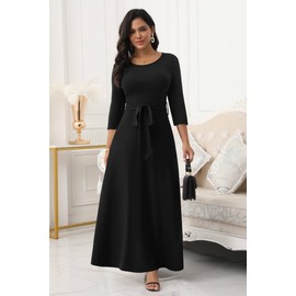 FANDEE Long Dress for Women Casual Maxi Empire Waist 3/4 Sleeve Church Dresses with Belt Black XL
