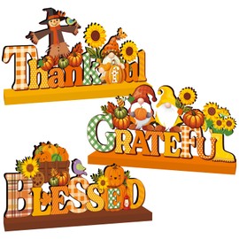 Fall Decorations for Home Wood Table Centerpieces, 3pcs Grateful Thankful Blessed Fall Centerpieces for Tables Pumpkin Sunflower Style Autumn Thanksgiving Tabletopper