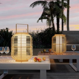 Solar Yard Outdoor Austin Solar Powered Floor Lamp Set of 2, 14-inch Wicker Woven LED Lamp, Water-Resistant Garden Light, Boho Style, Decor for Balcony, Porch, Yard, Pathway, Natural Color