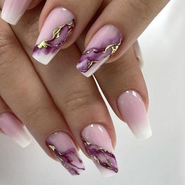Coffin Press on Nails Medium Fake Nails with Pruple Marble Sequins Designs Full Cover Glue on Nails Glossy Acrylic False Nails Press ons Artificial Stick on Nails for Women 24 Pcs
