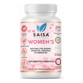 Colágeno + Biotina para Mujer | 100 Cápsulas | Saisa Womens | Saisa Herbal | Cabello, Piel y Uñas | Con Vitamina D3 e Inositol | Suplemento Alimenticio