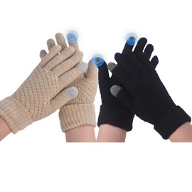 JiaYouLC 2 Pairs Women Soft Lining Thermal Gloves Adult Winter Warm Knitted Touch Screen Knitted Gloves for Running Skiing Cycling (Black + Beige, One Size)