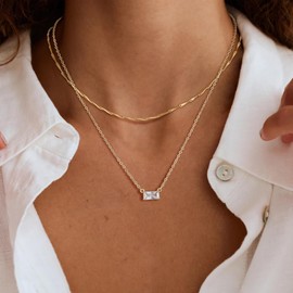 SUFOPE Diamond Necklaces for Women 14K Gold Plated CZ Pendant Necklace Small Square Cubic Zirconia Choker Dainty Sparkling Gold Layered Necklace Jewelry for Gift