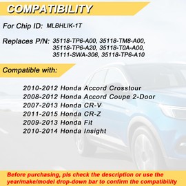 Vurkcy Key Fob Replacement for 08-12 Honda Accord/ 07-13 CRV/ 11-15 CR-Z/ 09-13 Fit/ 10-14 Insight Car Keyless Entry Remote Control, MLBHLIK-1T, 3 Btn, 2Pcs
