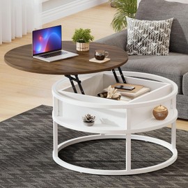 DWVO Coffee Tables for Living Room, Round Lift Top Coffee Table with Storage and Hidden Compartment, Rustic Small Circle Coffee Table,Wood Center Table, Brown and White
