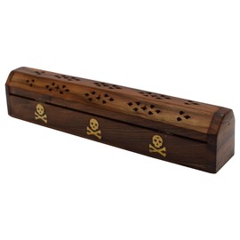 OM SHRI OM Wooden Coffin Incense Burner - 12" Skull Inlays for Incense Sticks and Cones