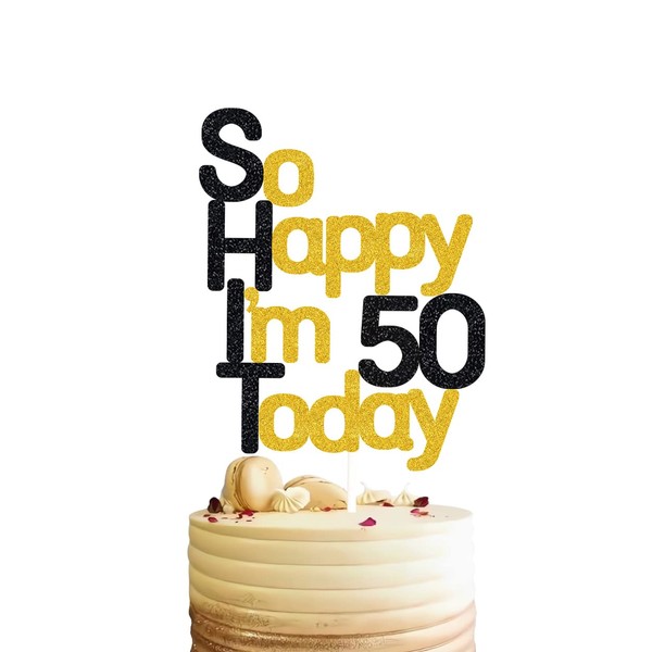 ¡Tan feliz que tengo 50 hoy! Decoración para tartas de cumpleaños, purpurina negra, decoración para tartas de cincuenta tartas, 50 decoraciones para tartas de 50 cumpleaños, decoración para tartas de 50 cumpleaños, 50 decoraciones para tartas