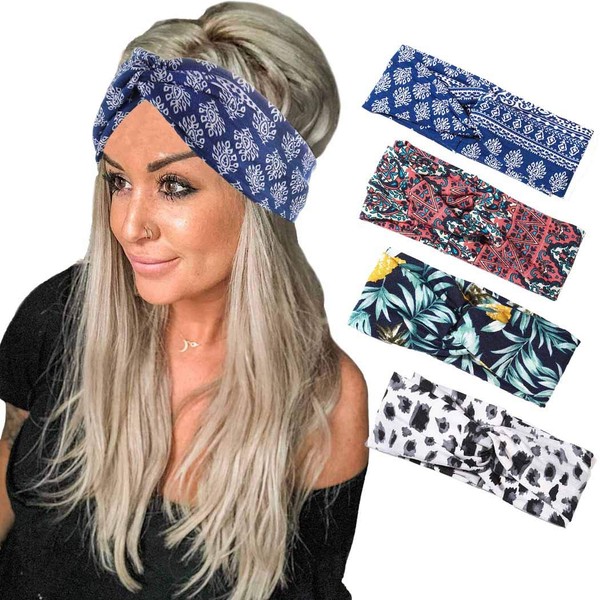 Gangel Criss Cross Headbands Vintage Twisted Hair Bands Floral Printed Hairbands Elastic Cotton Stretch Head Wrap Boho Knotted Hair Scarfs Flowers Hair Accessories for Women and Girls(Pack of 4) (D)