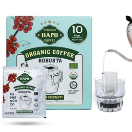 Hapii Organic Coffee Ground, 100% Robusta Vietnamese Coffee, Medium Roast, Bold and Intense Flavor in Every Cup - Pack of 10