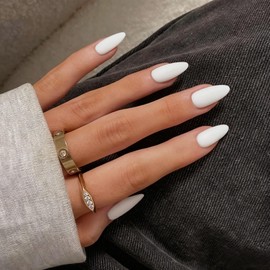 Matte White Press on Nails - Almond Shaped, Medium Length, Thick Natural Gel Stiletto Nails, 24Pcs