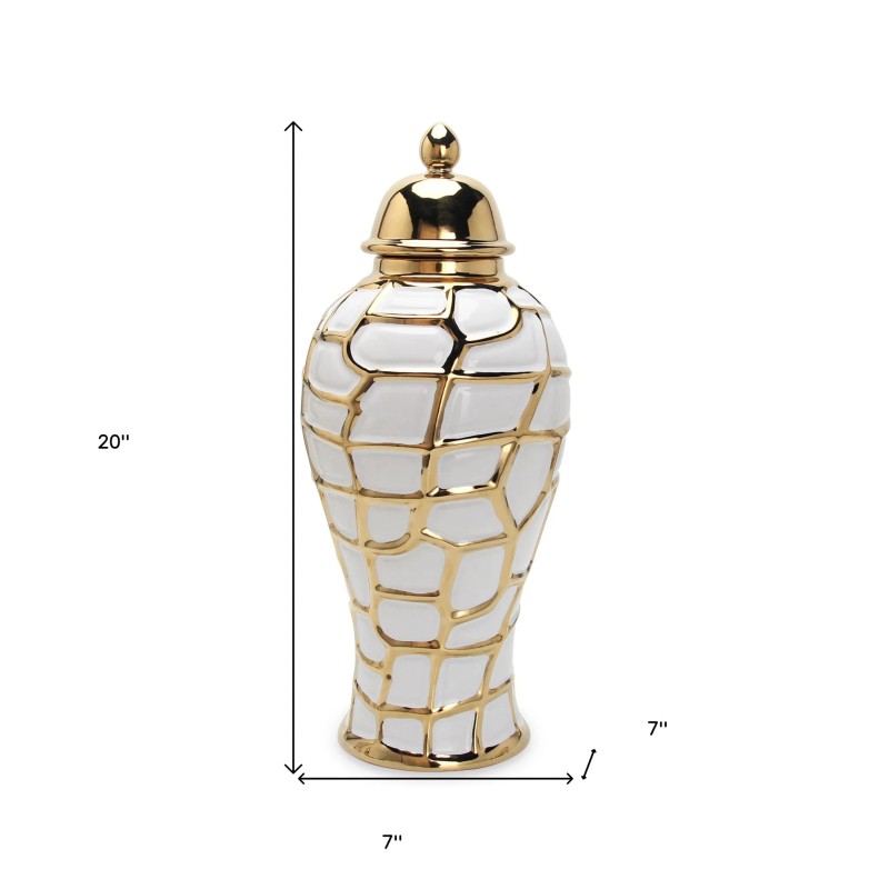 Homeroots 20" White and Gold Abstract Urn Ceramic Ginger Jar