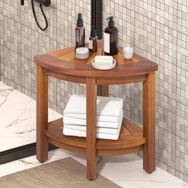 YITAHOME 18" Corner Shower Bench with Storage Shelf, Wood Corner Seat for Inside Shower, Corner Shower Stool Seat with Non-Slip Levelers for Bathroom, Living Room, Indoor and Outdoor Use