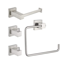 KIBI Cube 4-Piece Bathroom Hardware Accessories Set | Includes Towel Ring, Toilet Paper Holder, and 2 Robe Hooks | Wall-Mounted Solid Brass Construction for Durability | Brushed Nickel, C-KBA15-4-1