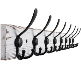 Kuhome 32.2'' Large Coat Rack Wall Mount Coat Hooks with 8 Metal Black Triple-Hooks Old White Pine Real Wood Plank Hat Rack for Wall Hooks