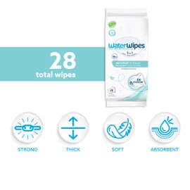 WaterWipes Sensitive+ On The Go Wipes, 3-In-1 Cleans, Cares, Protects, 99.9% Water, Unscented & Hypoallergenic Wet Wipes, 28 Count (Pack of 1)