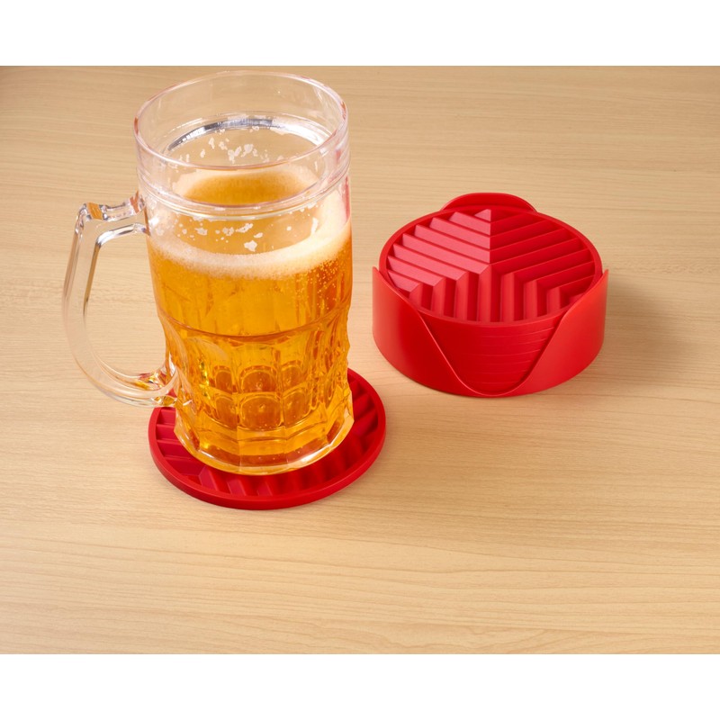8-Pack Red Silicone Coasters with Holder, Non-Slip Rubber Coasters for