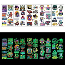 10 Sheet Gamer Temporary Tattoos Glow in Dark Video Game Stickers Gifts Game Button Gaming Stickers for Kids Classroom Rewards Gamer Birthday Party Supplies