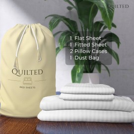 King Sheets Set Deep Pocket Silky Cooling Breathable Bed Sheet Set with 2 Pillow Cases 1 Flat, 1 Fitted Sheet, 4 Pc Set Standard King Size Luxurious Microfiber Damask Stripe Bright White by Quilted