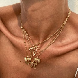 Gold Bow Necklace Bow Charm Pendants Adjustable Gold Stacked Necklaces for Women