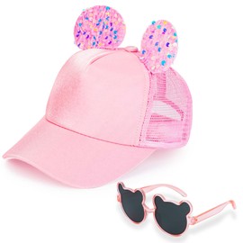 BTHRORO Kids Baseball Cap Sunglasses for Girls, Sequins Mouse Ear Trucker Hat Rabbit Ear Bowknot Summer Sun Hat for Toddler Adjustable Mesh Snapback Cap UV Protection Sunglasses Pink