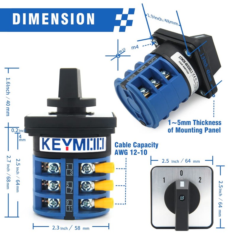 KEYMOO 40A Rotary Changeover Switch, 660V 3 Position 3 Phase