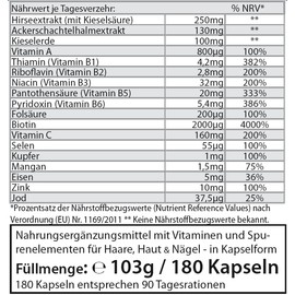 Get UP® Haare, Haut & Nägel Vitalstoffkomplex mit Biotin, Zink, Selen, Kieselerde, Pantothensäure, Folsäure, Hirsesamen-Extrakt & Ackerschachtelhalm | 180 Kapseln