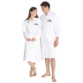 AW BRIDAL Engagement Bridal Shower Wedding Gifts for Couple Newlyweds, Anniversary His and Hers Waffle Knit Robe Set of 2(White), Mr Mrs Monogram Matching Robes for Couples Bride Groom Wife Husband