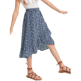 OYOANGLE Falda midi de gasa con estampado floral y dobladillo asimétrico elástica de cintura alta para niña, Azul (Dusty Blue), 8 Años