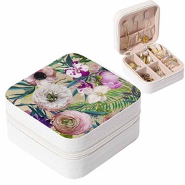 Anegefu Small Jewelry Box,Tropical Leaves and Flowers,Organizer Box for Girls Women