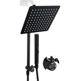 G-Promise All Metal Shower Diverter with Low Holder, Extended 13.5 Inch, Includes Rain Shower head, 3-Function Hand Shower with Massage Mode, Stainless Steel Long Hose (Matte Black)