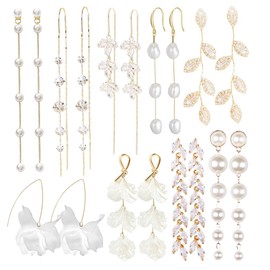 SUNNYOUTH 9 Pairs Long Dangle Earrings for Women Sparkling CZ Threader Tassel Drop Earrings Chain Olive Leaf Wedding Bridal Earrings Set (Golden set)