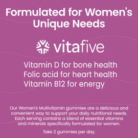 vitafive Women's Multivitamin Gummies, Best Multivitamin for Women with Biotin, D3, B12, Zinc, Low Sugar, Gluten Free (50 Ct)