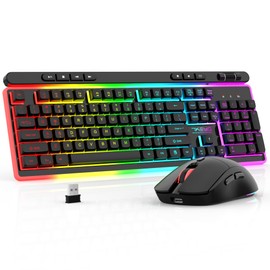 Wireless Keyboard and Mouse Combo, Gaming Keyboard Rechargeable Cool RGB Backlight, 7KEYS Full-Size Keyboard with Ergonomic, Light up Gaming Mouse 3200 DPI for PC Desk/Laptop/MAC