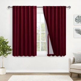 XWZO 100% Blackout Window Curtains with Tiebacks - Thermal Insulated and Noise Reduction Window Treatment with Black Liner for Bedroom/Living Room, Rod Pocket/Back Tab, Burgundy, W52 x L45, Set of 2