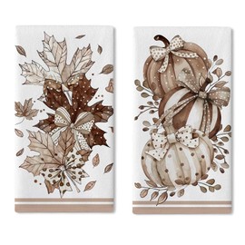 Croar Fall Pumpkin Vintage Kitchen Dish Towels Set of 2, Autumn Thanksgiving Maple Leaves Drying Hand Towel Baking Cooking Cloth, Polka Dots Bow Farmhouse Bathroom Home Decoration 18 x 26 Inches