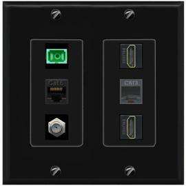 RiteAV 1 Port Fiber Optic Jack SC Simplex APC + Cat6 + Coax + 2 x HDMI + Phone Wall Plate - 2 Gang Black/Black