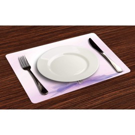 Lunarable Purple Hair Place Mats Set of 4, Fine Art Watercolor Drawing of Standing Girl with Flowers, Washable Fabric Placemats for Dining Table, Standard Size, Purple White