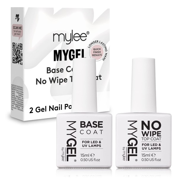 MYGEL by Mylee Nail Gel Polish No-Wipe Top & Base Coat 2x15ml UV/LED Soak-Off Nail Art Manicure Pedicure for Salon & Home Use - Lasts up to 2 Weeks, Easy to Apply, No Chips, Durable & Safe