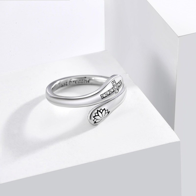 CUPENDA Just Breathe Ring Sterling Silver Lotus Cross Just Breathe