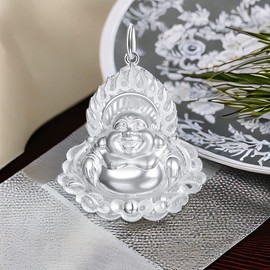 S925 Sterling Silver Chinese Flame Pattern Traditional Blessing Maitreya Buddha Pendant Necklace Good Luck and Peace for men unisex gift