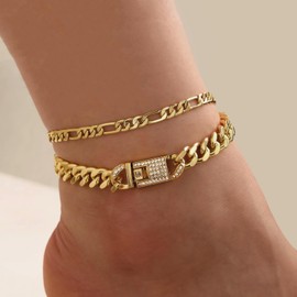 14K Gold Anklets for Women Waterproof Rhinestone Ankle Bracelet Layered Cuban Link Chain Diamond Anklet Beach Jewelry for Women (Style B-GOLD Anklets)