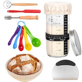 BSL® Sourdough Starter Kit,10 inch round Dough Proofing Bowls with Liners & 24 oz Home Sourdough Starter Jar, Bread Lame,Scraper,Danish Whisk, dough cutter,Measuring Spoons,home baking,Good Gift