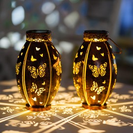 SUNNYGARDEN 2 Pack Outdoor Solar Lanterns Waterproof Butterfly Decorative Hanging Solar Lantern Lights for Outside Patio Tableto Garden Yard Lawn Decor, Gifts for Mom Grandma Woman