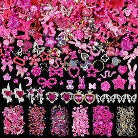 650pcs Mixed 3D Nail Charms Kit, 12pcs Luxury Metal Nail Rhinestones and 250pcs Resin Butterfly Flower Star Heart Bow Charms with 400pcs Flatback Pearls Rhinestone Metal Gems Charms (Hot Pink)
