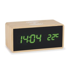 Atlanta 2602 Digital Alarm Clock LED Display with Wireless Charging Inductive Charging Function Bamboo Housing