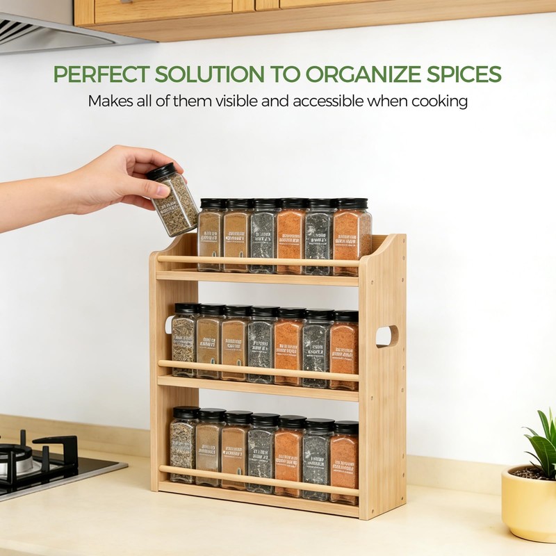 Bambition Bamboo Spice Rack Organizer, 3 Tier Spice Jars Storage